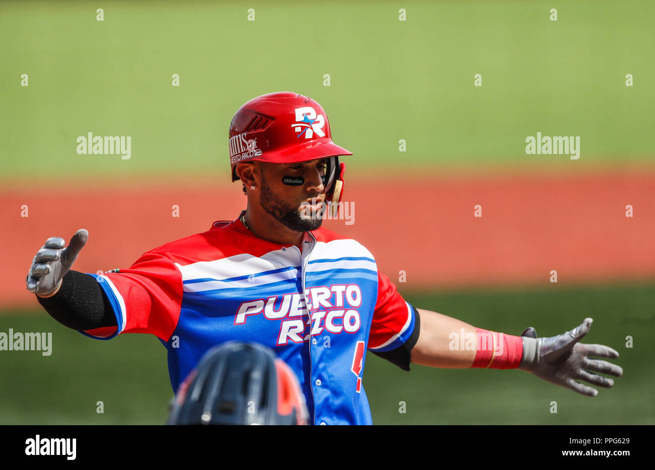 David Vidal de Puerto Rico Homerun celebra. . Partido de beisbol de la Serie del Caribe con el Encuentro entre Caribes de Anzoátegui (de Venezuela con Banque D'Images
