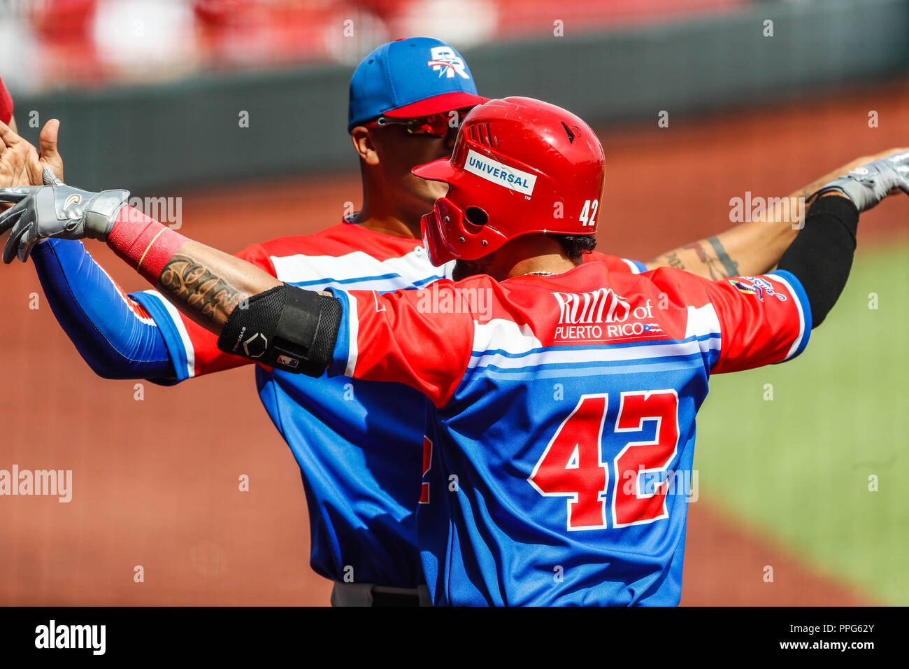 David Vidal de Puerto Rico Homerun celebra. . Partido de beisbol de la Serie del Caribe con el Encuentro entre Caribes de Anzoátegui (de Venezuela con Banque D'Images