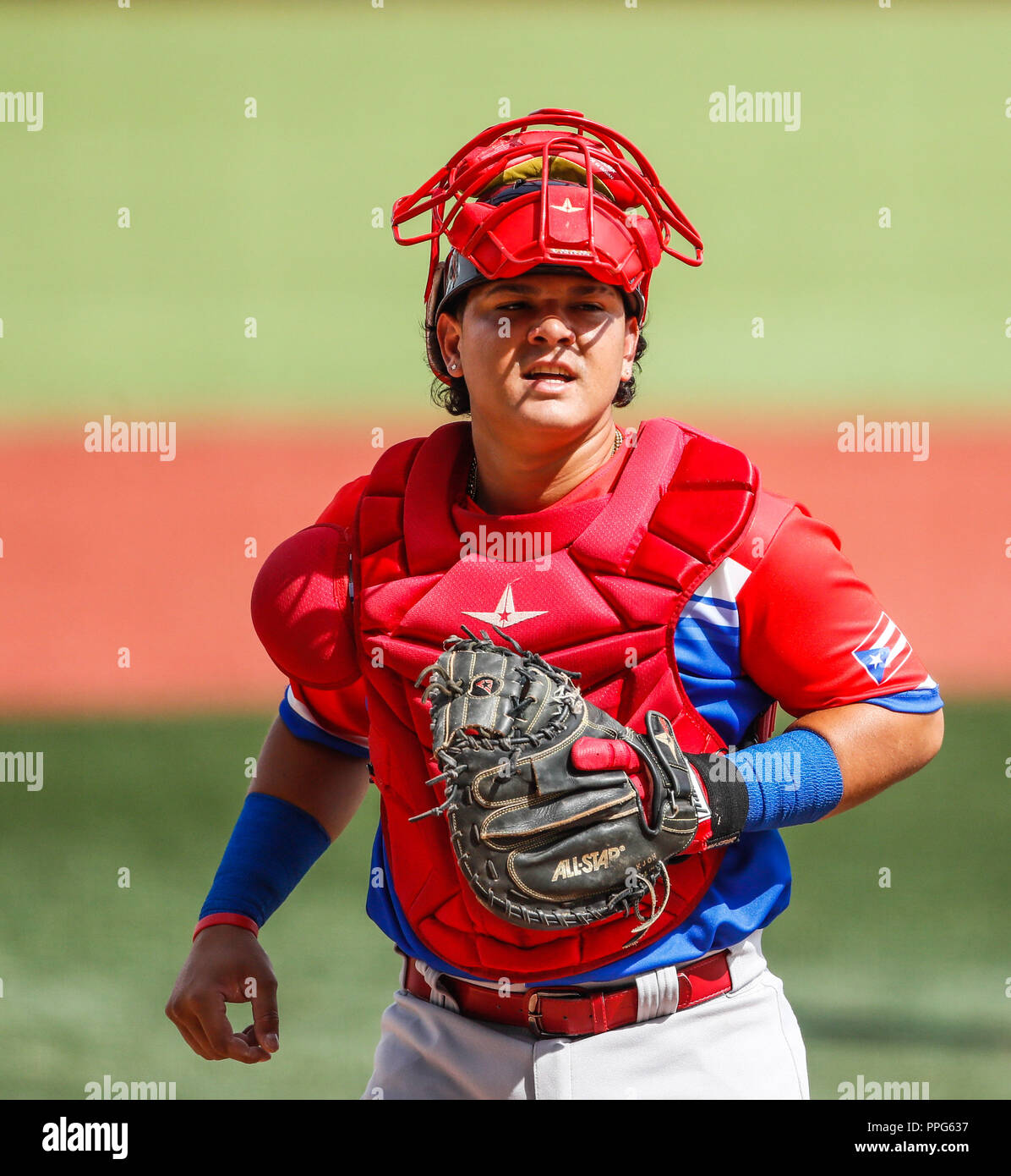 Jonathan Morales catcher de Puerto Rico. . Partido de beisbol de la Serie del Caribe con el Encuentro entre Caribes de Anzoátegui (de Venezuela contra Banque D'Images