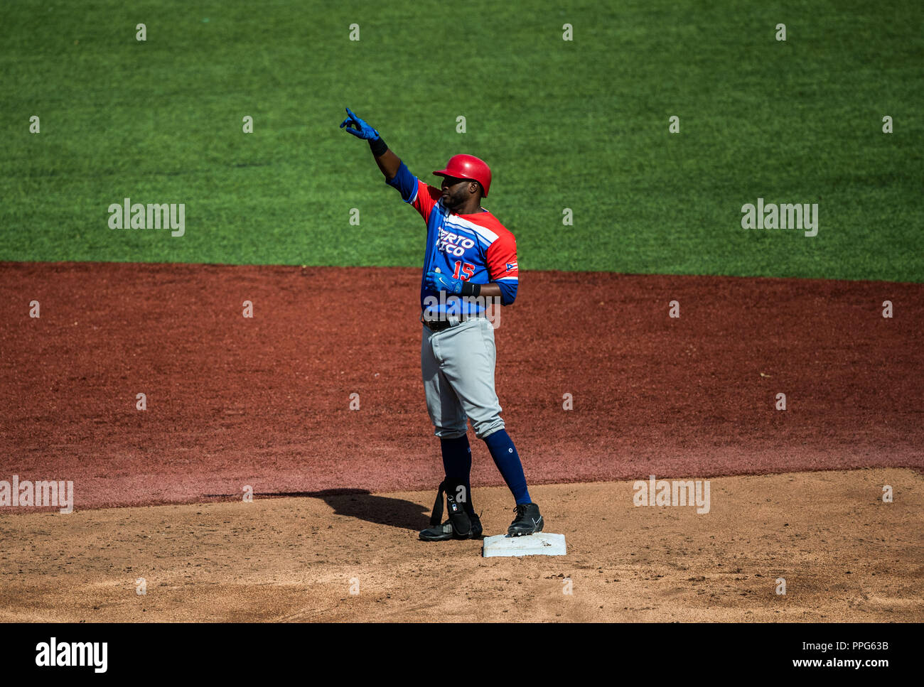 . Partido de beisbol de la Serie del Caribe con el Encuentro entre Caribes de Anzoátegui (de Venezuela contra los Criollos de Caguas de Puerto Rico en Banque D'Images