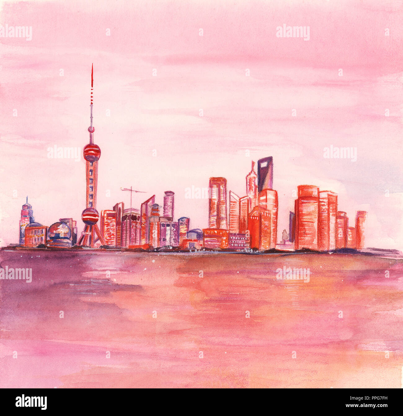 Illustration du dessin avec les peintures à l'aquarelle de ligne d'horizon gratte-ciel de la ville de Shanghai Chine Banque D'Images