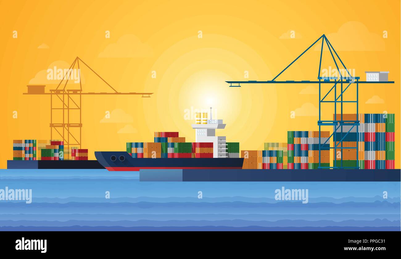 Port de mer de la cargaison des navires de fret de marchandises et les grues du port de la ville également. Vector design plat Illustration de Vecteur