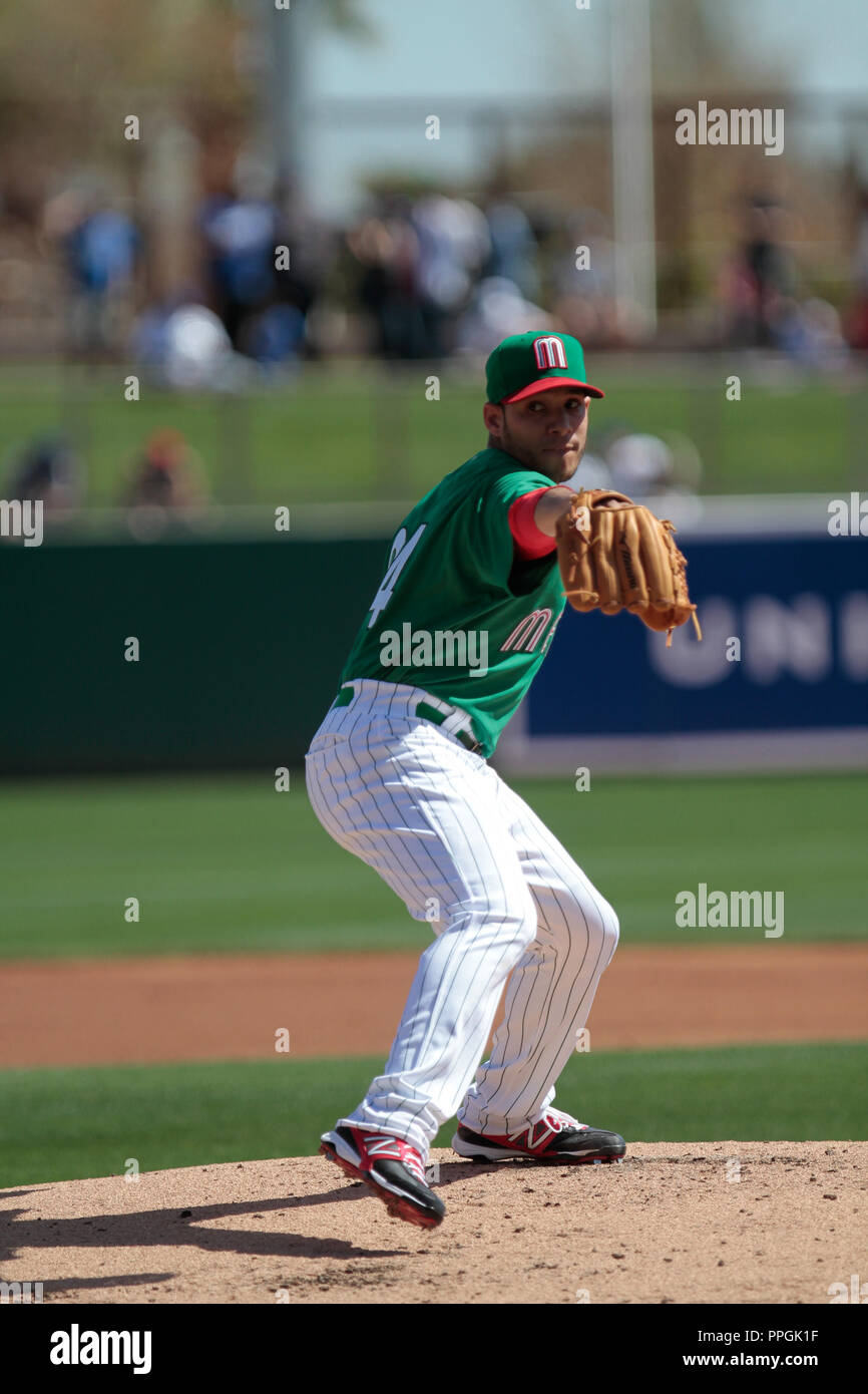 Hector Daniel Rodrigez derrotado pitcher de Mexico, durante el juego de Mexique vs Dodgers de la previo al Clasico Mundial de beisbol Camelbac , 2013 Banque D'Images