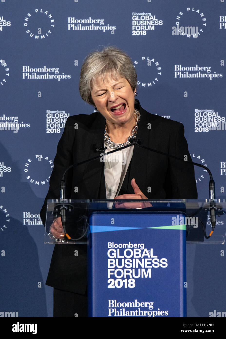 New York, États-Unis, 26 septembre 2018. Le Premier ministre britannique Theresa peut parle à la Bloomberg Global Business Forum à New York, en marge de la 73e Assemblée Générale des Nations Unies. Photo par Enrique Shore Crédit : Enrique Shore/Alamy Live News Banque D'Images