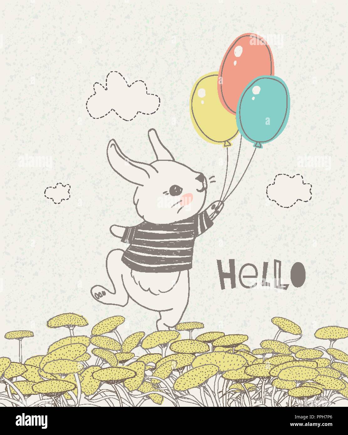 Lapin dessiné à la main avec des ballons colorés sur prairie de fleurs. Peut être utilisé pour la fête de douche de bébé carte de voeux, joyeux anniversaire et carte d'invitation, t-shirt, mode, design les enfants portent d'impression Illustration de Vecteur
