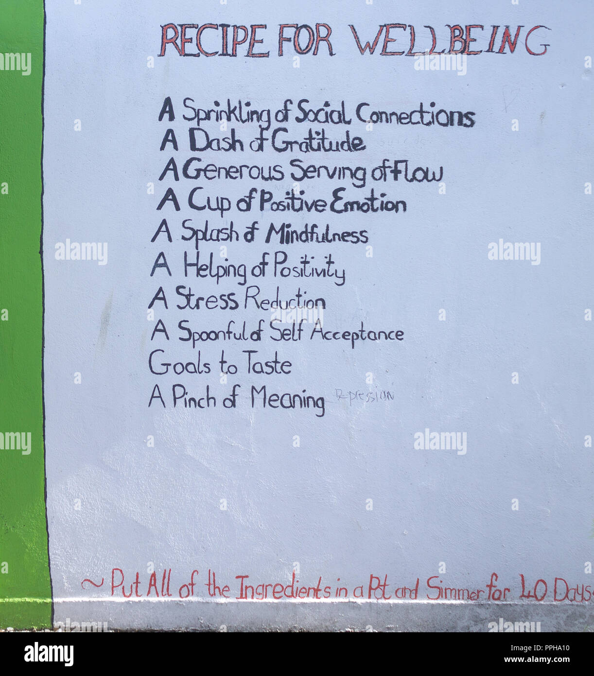 Recette pour enfants pour bien vivre écrit sur un mur d'école Banque D'Images