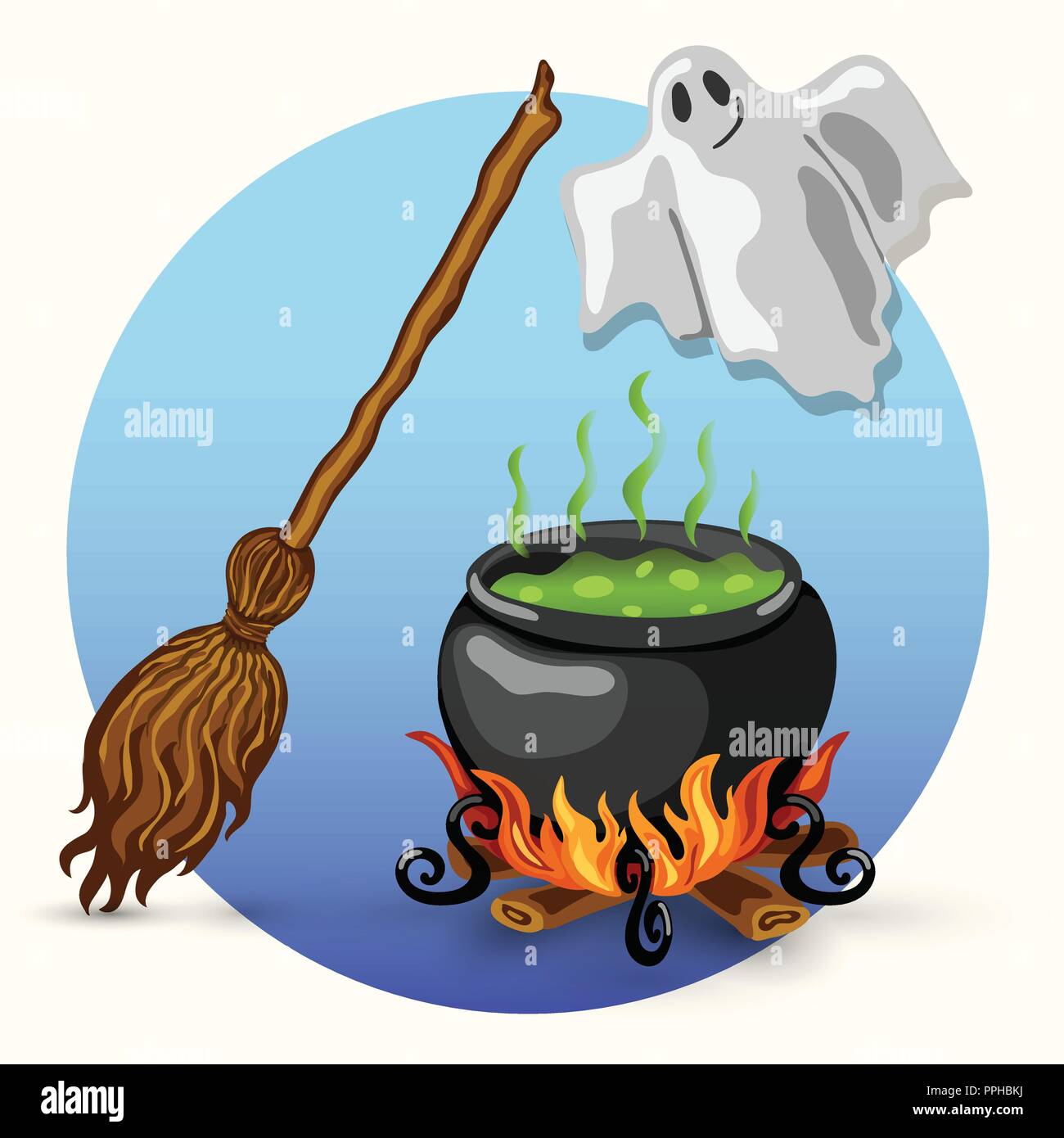 Vector Cartoon style design de carte d'Halloween avec ghost, un balai, sorcière chaudron bouillant avec du poison et de joie Illustration de Vecteur