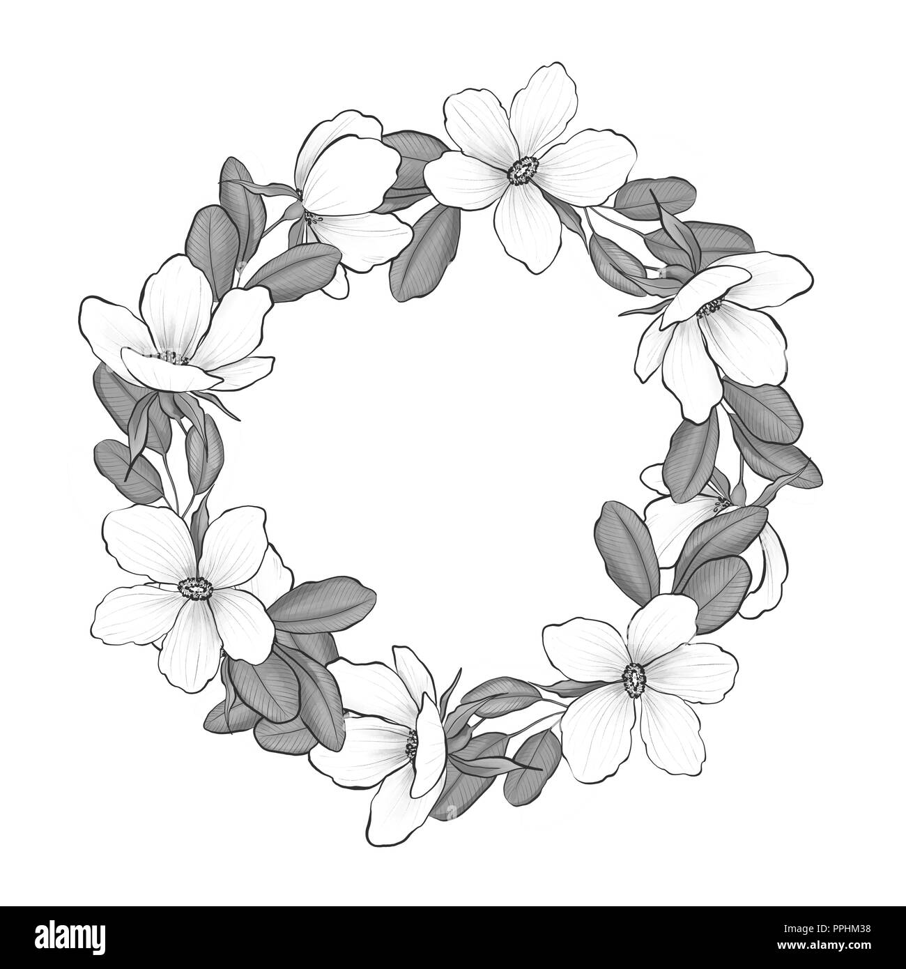 Wreathj Avec Des Fleurs Blanches Cadre Blanc Et Noir Banque