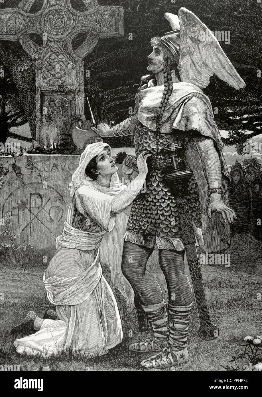 La légende arthurienne. Sir Galahad. Chevalier de la Table ronde du Roi Arthur et l'un des trois élèves du Saint Graal. Avant de graver une toile du peintre anglais Herbert Gustave Schmalz (1856-1935). 'La Ilustracion Iberica', 1886. Banque D'Images