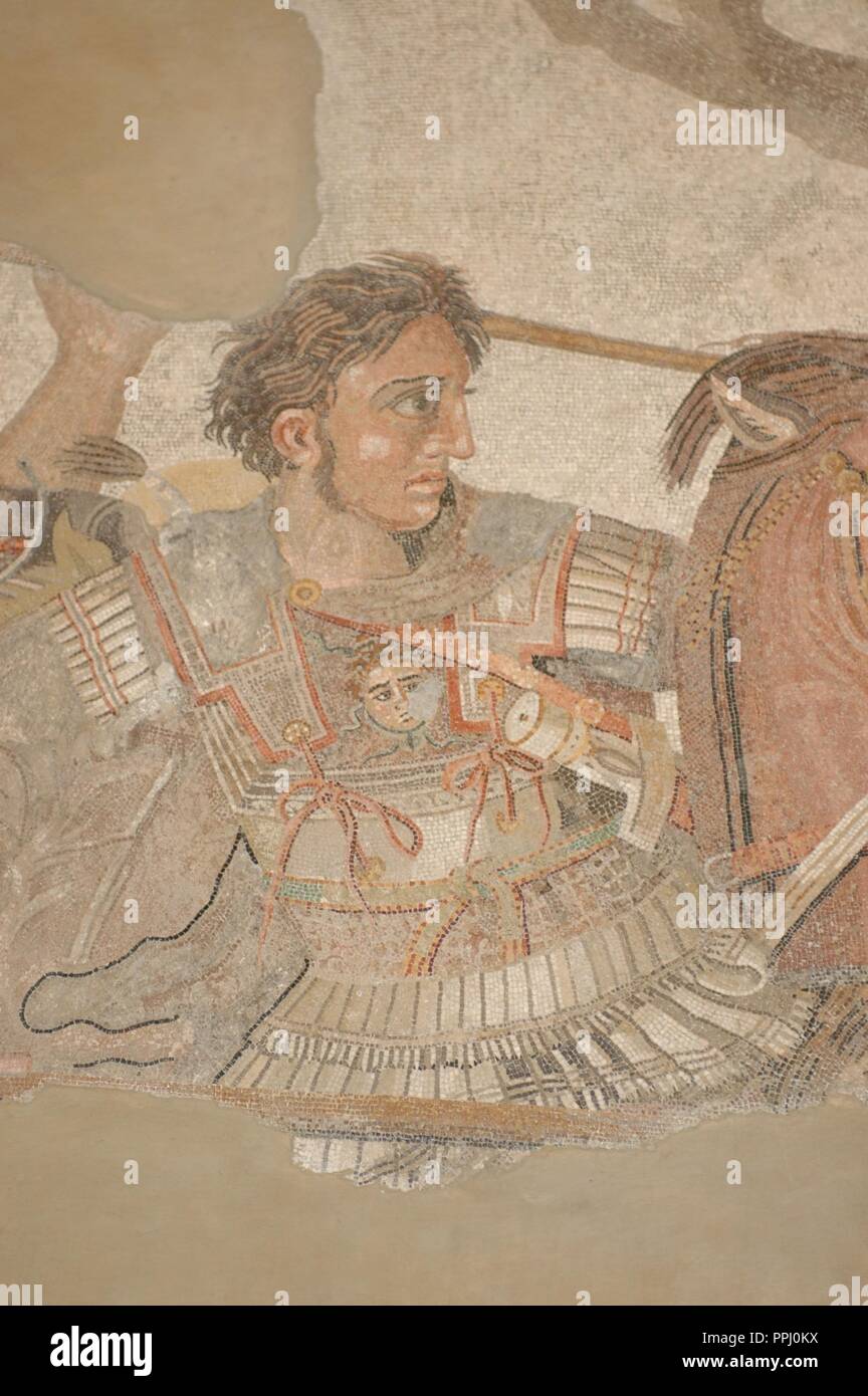 IMAGEN DE ALEJANDRO MAGNO - DETALLE DEL MOSAICO DE ALEJANDRO PROCEDENTE DE LA CASA DE FAUNO DE POMPEYA - 150 AC. Lieu : MUSÉE NATIONAL D'ARCHÉOLOGIE. Napoli. ITALIA. Banque D'Images