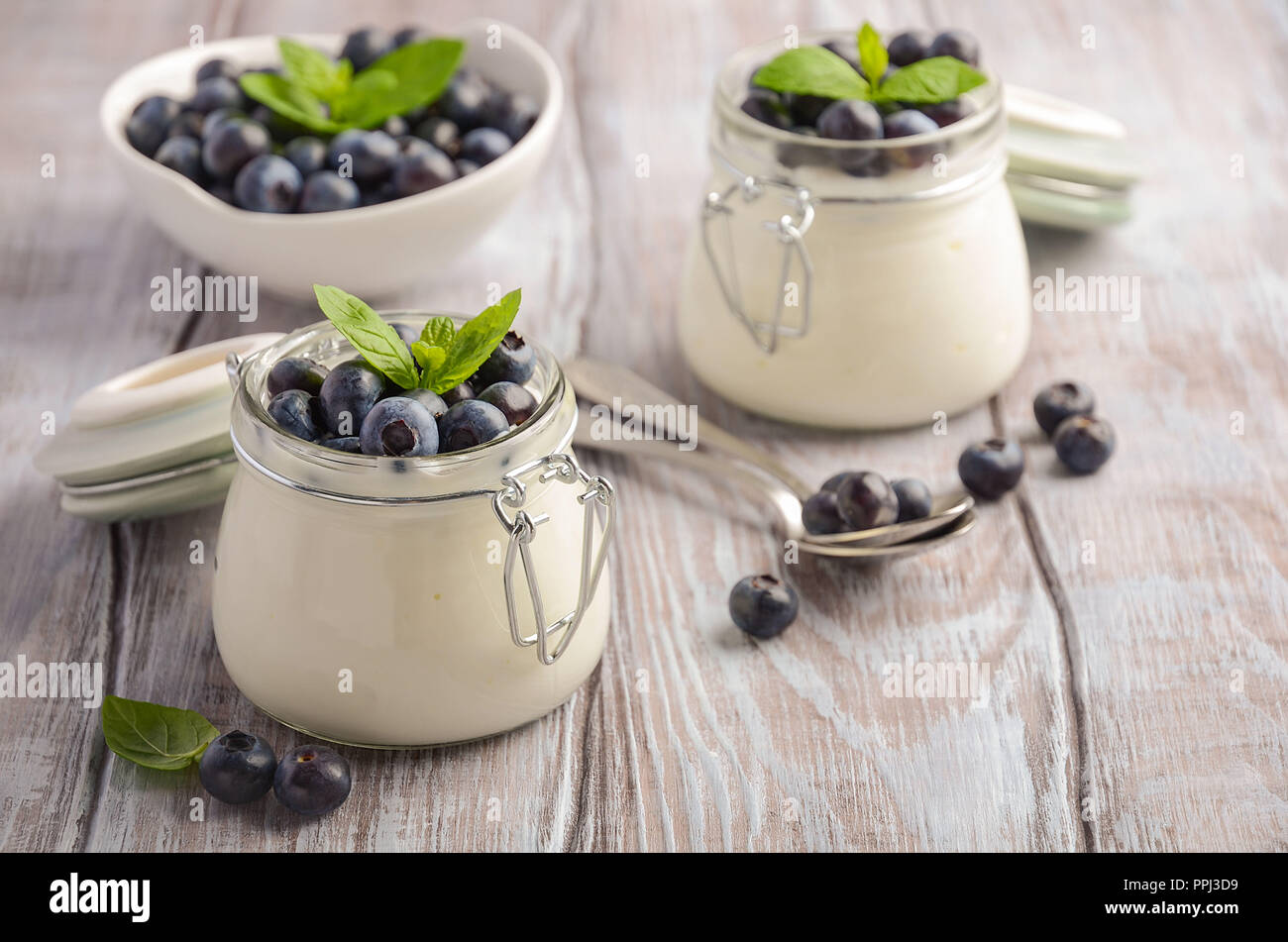 Yaourts naturels faits avec des bleuets et de la menthe. Banque D'Images