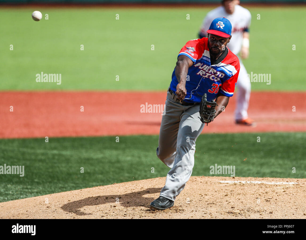 David Richardson pitcher inicial de Puerto Rico. . Partido de beisbol de la Serie del Caribe con el Encuentro entre Caribes de Anzoátegui (de Venezuela Banque D'Images