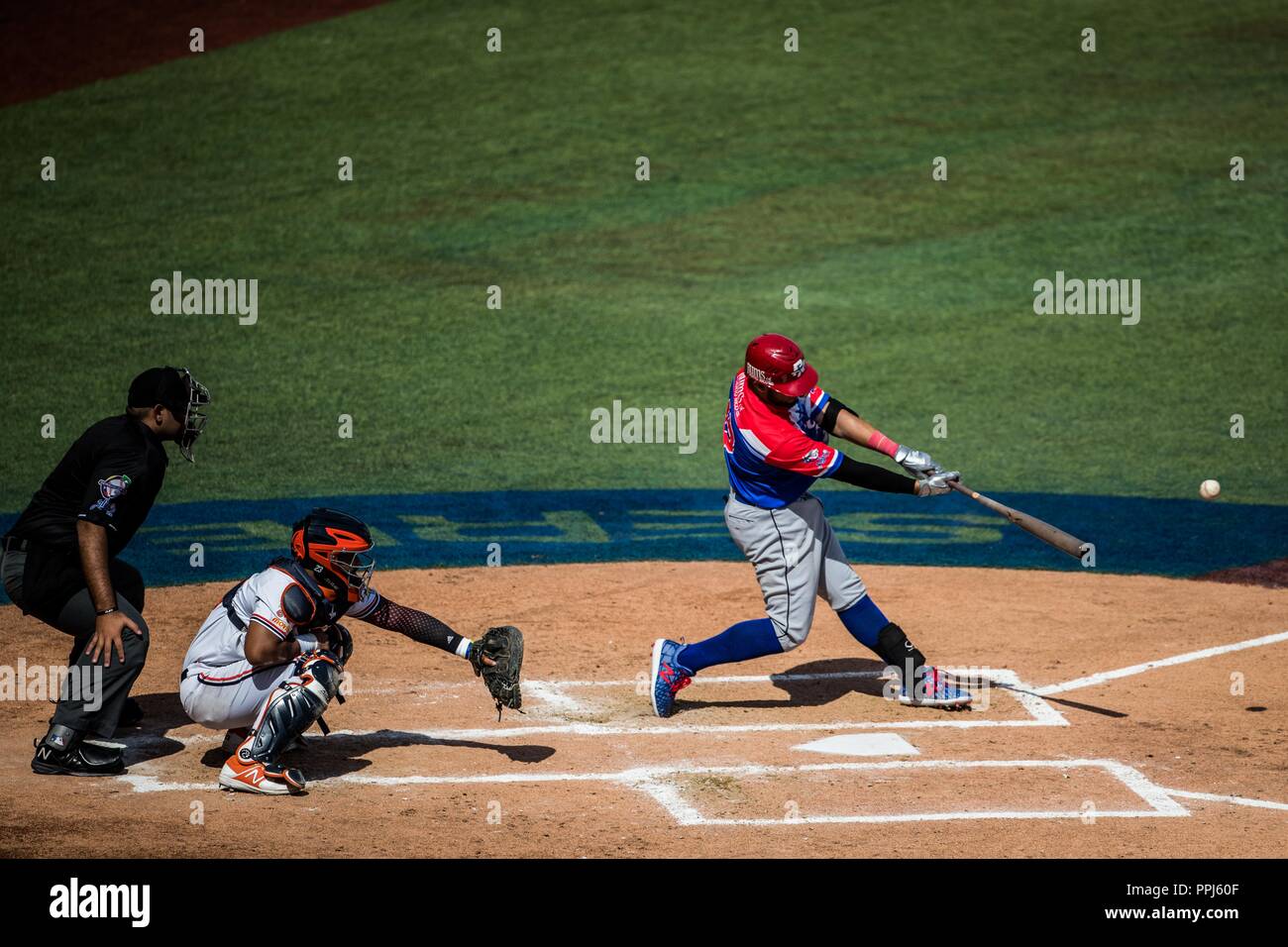David Vidal de Puerto Rico. . Partido de beisbol de la Serie del Caribe con el Encuentro entre Caribes de Anzoátegui (de Venezuela contra los Criollo Banque D'Images