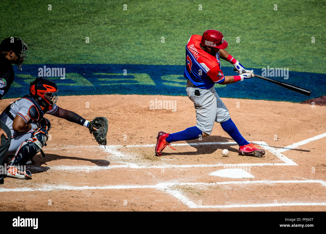 Anthony Garcia de Puerto Rico. . Partido de beisbol de la Serie del Caribe con el Encuentro entre Caribes de Anzoátegui (de Venezuela contra los Criol Banque D'Images