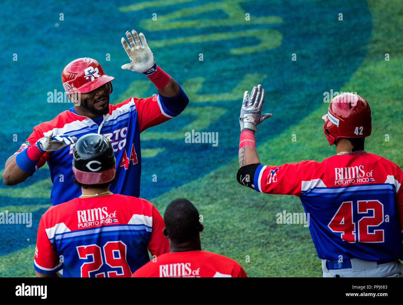 Anthony Garcia Puerto Rico festeja Homerun en la octava alta. . Partido de beisbol de la Serie del Caribe con el Encuentro entre Caribes de Anzoátegu Banque D'Images