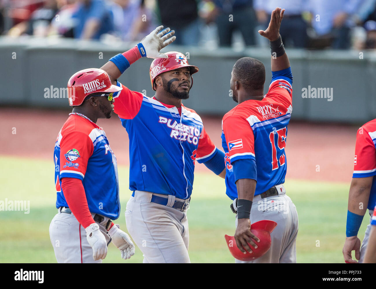 Anthony Garcia de Criollos de Caguas de Puerto Rico celebra Homerun de cuatro carreras con Irving Falu (15) en la parte alta del sexto inning, para em Banque D'Images