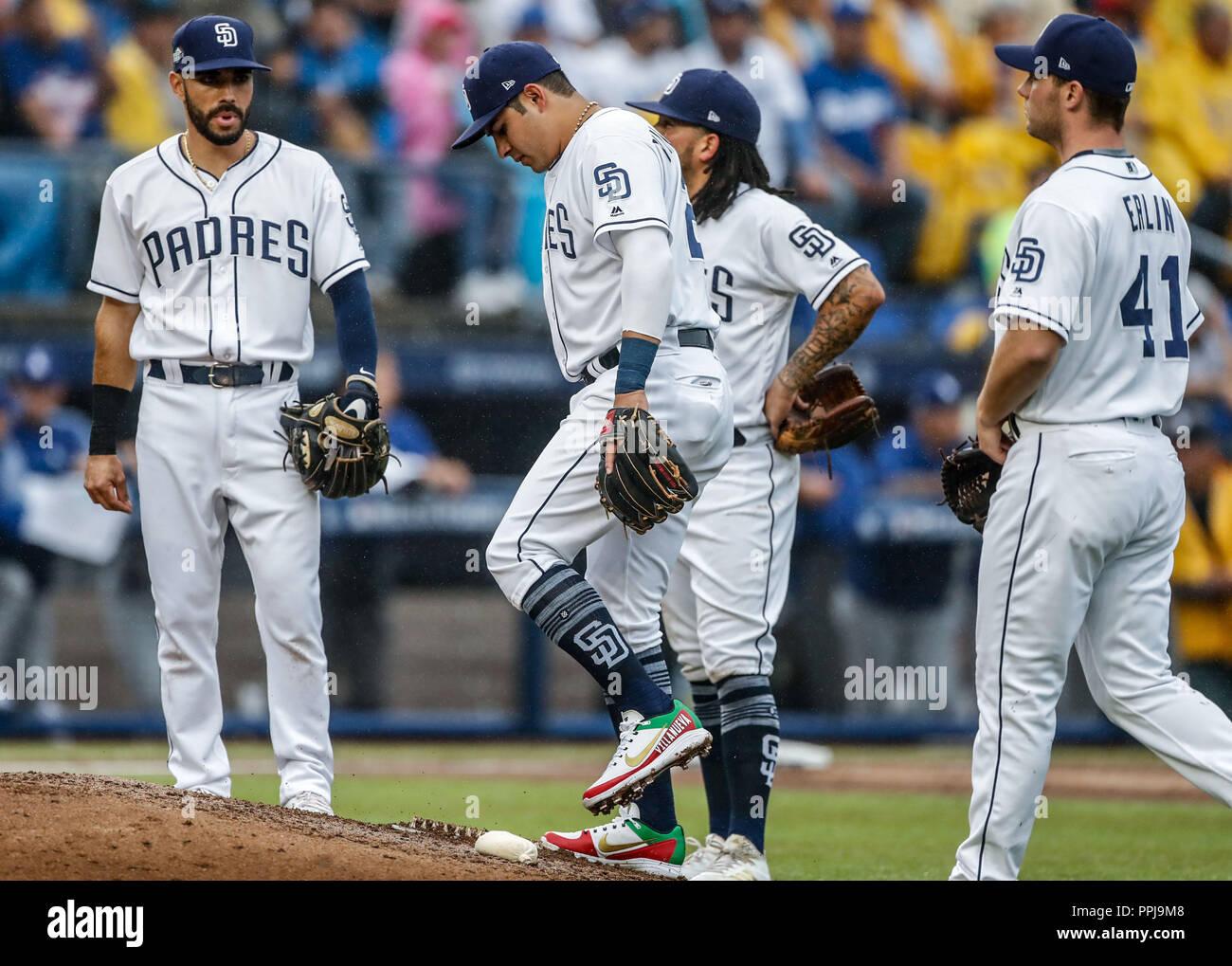 Villlanueva chrétienne. Au cours de l'action de base-ball des Dodgers de Los Angeles, le match contre San Diego Padres, la deuxième partie de la Major League Baseball Seri Banque D'Images