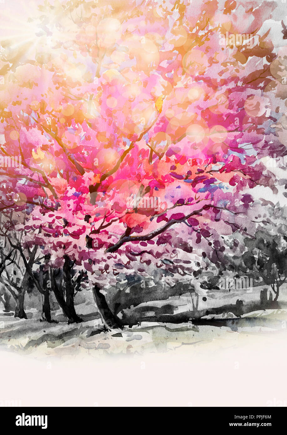 Aquarelle Originale Paysage Peinture Couleur Rouge Rose De L