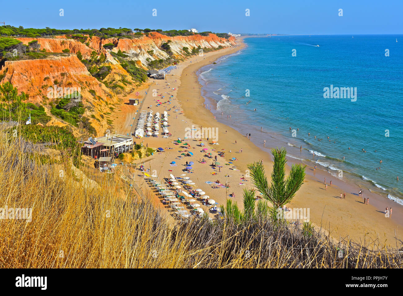 La merveilleuse plage de sable doré de Praia de Falésia s'étend de six kilomètres de Vilamoura à Olhos d'Agua, dans la région de l'Algarve du Portugal. Banque D'Images