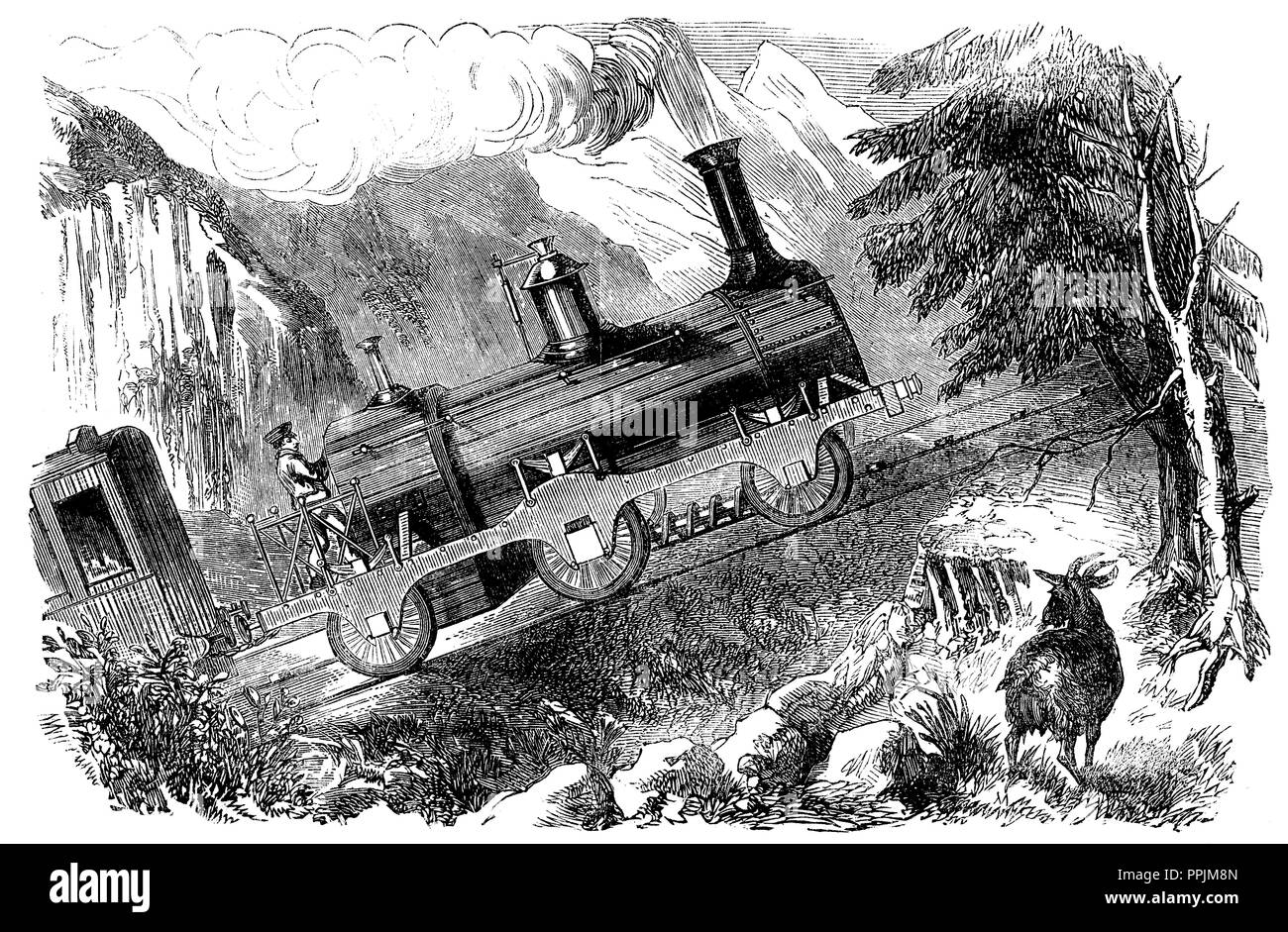 Machine locomotive équipée d'une vis du moteur inventé par l'ingénieur Grassi à grimper des pentes très raides. Gravure, 1857. Banque D'Images