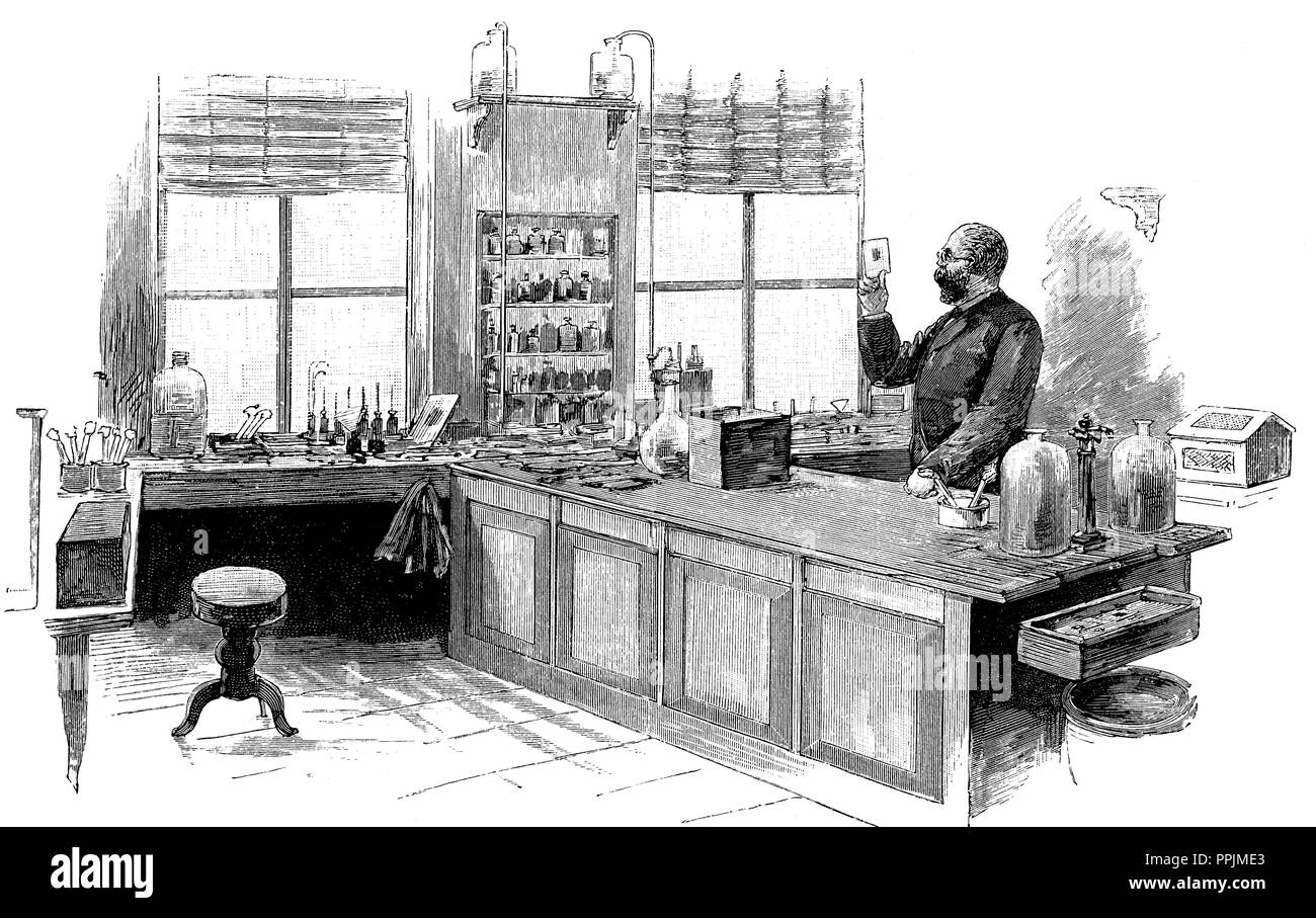 Le Dr Koch, Heinrich Hermann Robert (1843-1910) dans son laboratoire à Berlin. Gravure, 1890. Banque D'Images