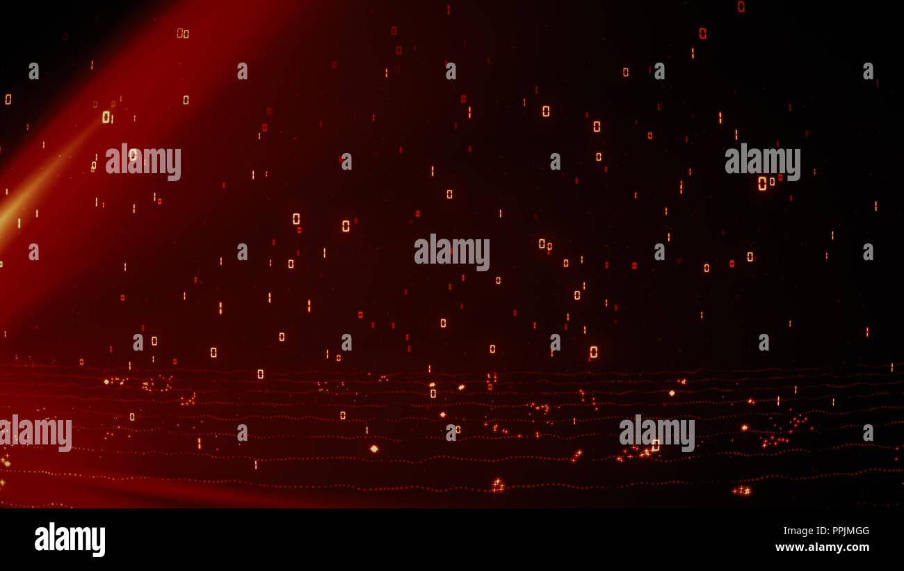 Rouge feu lumineux glowing particules avec des données binaires de 1 et 0 de la pluie Banque D'Images