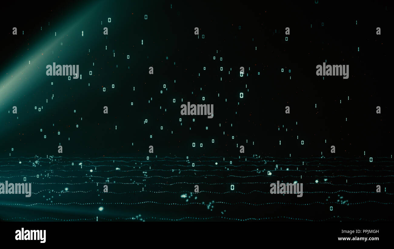 Lumineux bleu vif de particules avec des données binaires de 1 et 0 de la pluie Banque D'Images