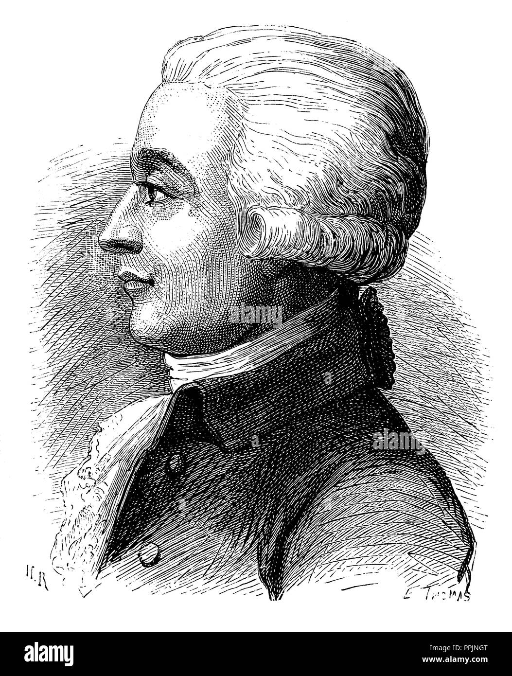 Jean Pierre François Blanchard (1753-1809), inventeur français et pilote de ballons. Gravure, 1873. Banque D'Images