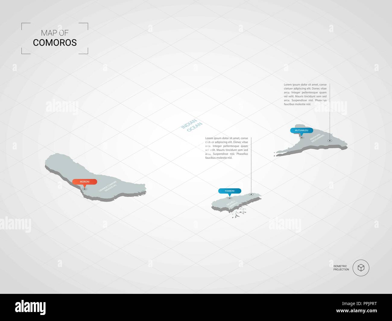 3D isométrique Comores carte. Carte vectorielle illustration stylisée avec les villes, les frontières, les capitaux, les divisions administratives et pointeur marques ; zone de gradient Illustration de Vecteur