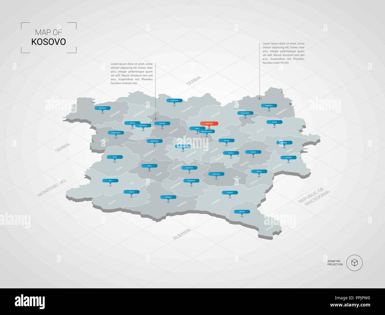 3D isométrique du Kosovo. Carte vectorielle illustration stylisée avec les villes, les frontières, les capitaux, les divisions administratives et marques ; pointeur background gradient Illustration de Vecteur