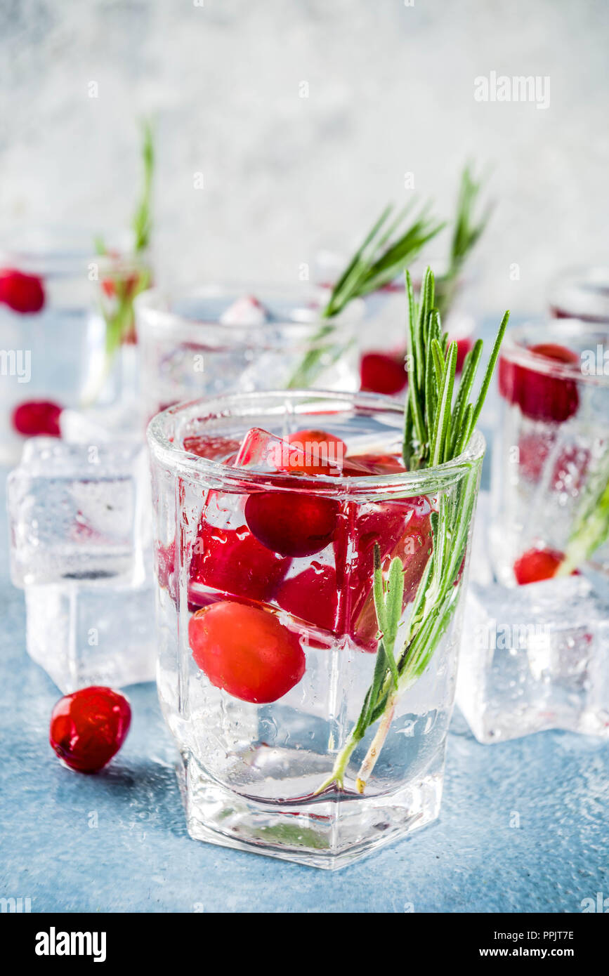 Noël ou Nouvel An cocktail de canneberges d'hiver avec le romarin, liqueurs, gin tonic, sur fond de béton bleu clair avec des cubes de glace, les baies fraîches et Banque D'Images