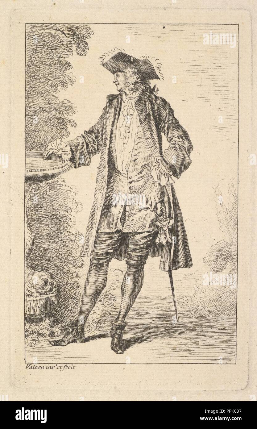 Homme debout avec sa main droite reposant sur un bassin, illustré dans les trois-quarts avec la tête tournée vers la gauche, de la série "Les Figures de la mode' (Figures de modes). Artiste : Antoine Watteau (Valenciennes, France 1684-1721 Nogent-sur-Marne). Fiche technique : Dimensions : 7 11/16 x 6 1/16 in. (19,6 x 15,4 cm) Plaque : 5 1/16 x 3 1/8 in. (12.8 x 8 cm). Portefeuille/Série : Les chiffres de la mode (Figures de modes). Date : ca. 1710. Musée : Metropolitan Museum of Art, New York, USA. Banque D'Images