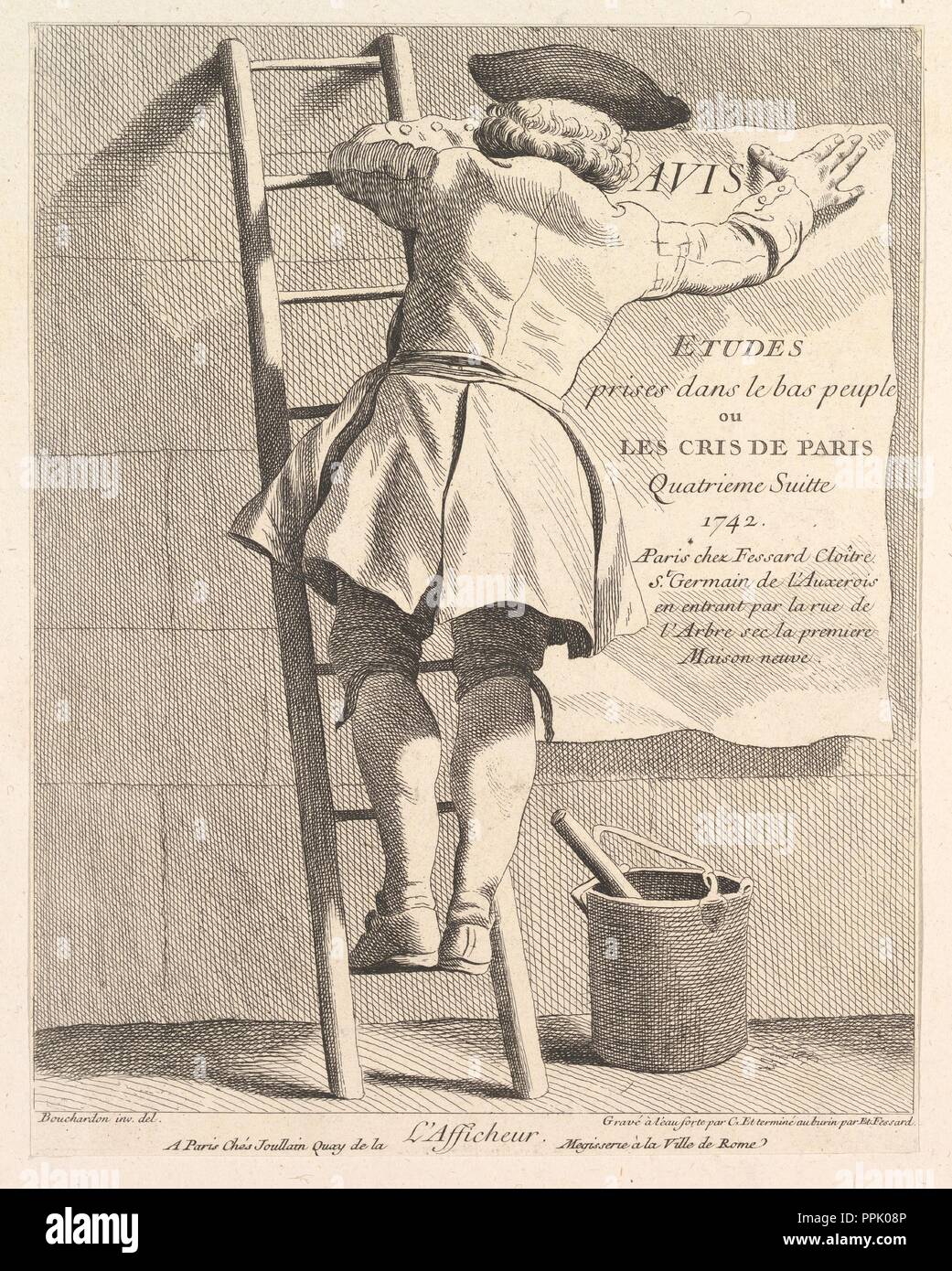 Le signe de l'affiche. Artiste : Anne Claude Philippe de Amanda et Antony, comte de Caylus (français, Paris 1692-1765 Paris) ; Après Edme Bouchardon (Français, Chaumont 1698-1762 Paris). Dimensions : image : 9 x 7 1/16 in. (22,9 x 18 cm) Fiche technique : 9 3/8 x 7 1/8 in. (23,8 x 18,1 cm). Series/portefeuille : Études prises dans le bas peuple où les Cris de Paris : Quatrième Suite. Date : 1742. Musée : Metropolitan Museum of Art, New York, USA. Banque D'Images
