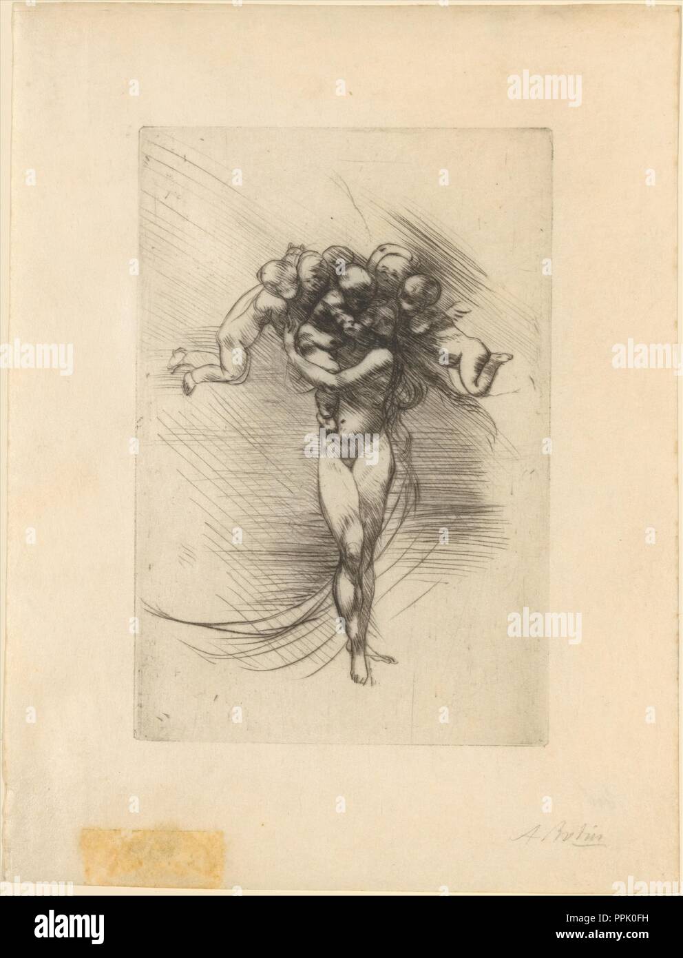 Spring (Le Printemps). Artiste : Auguste Rodin (français, Paris 1840-1917 Meudon). Fiche technique : Dimensions : 12 x 3/16 6 5/16 in. (31 x 16 cm) de droit : 5 13/16 x 3 15/16 in. (14,8 x 10 cm). Date : 1882-88. Rodin a appris la technique de la pointe sèche--une méthode de gravure qui consiste à dessiner avec une aiguille directement sur une plaque de métal--de l'artiste Alphonse Legros lors d'une visite à Londres en 1881. Le motif d'une figure féminine dont la tête est entourée de putti est apparue sur un vase Rodin conçu pour la manufacture de porcelaine de Sèvres, où il a travaillé de 1879 à 1885, bien que la composition ici est la plus semblable à Banque D'Images