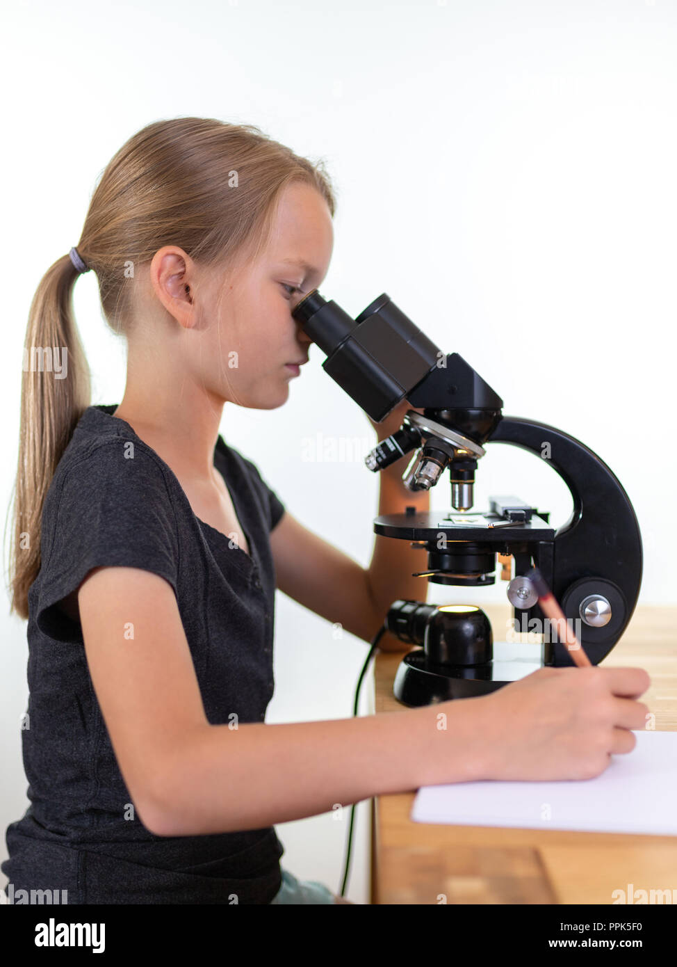 Une petite fille de 9 ans cherche dans un oculaire d'un microscope et tire ses observations sur une feuille de papier. Contre isolé sur fond blanc Banque D'Images