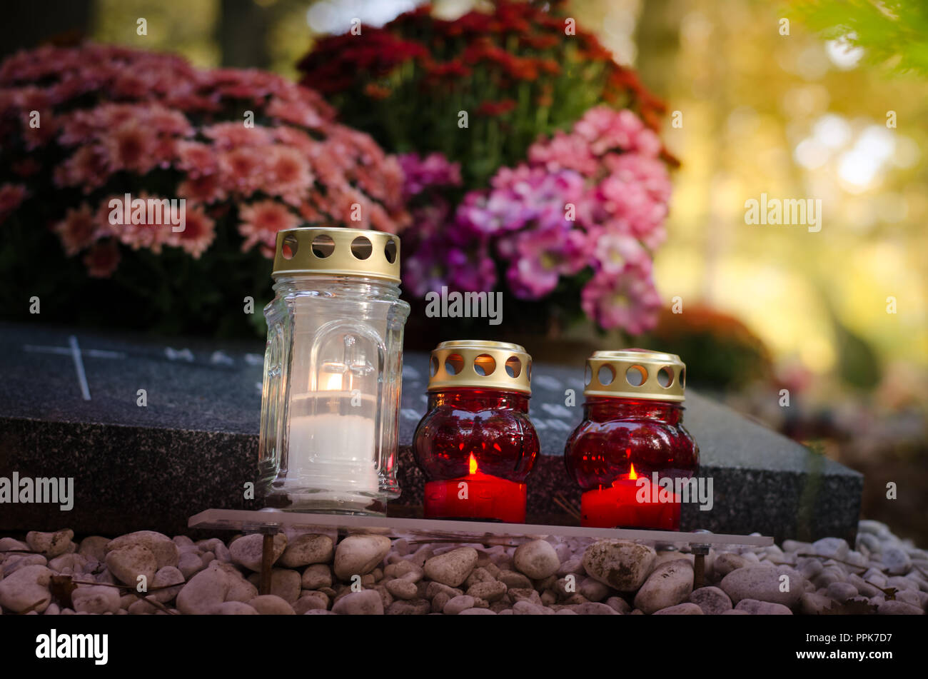 Fleurs colorées et décoration bougie pendant la Toussaint au cimetière Banque D'Images