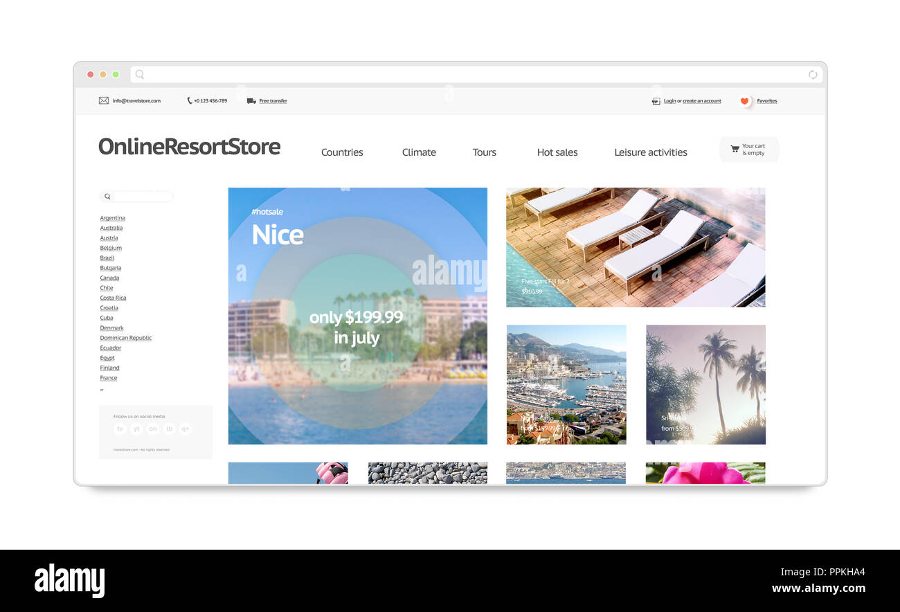 Site web voyage resort webstore maquette modèle isolé, rendu 3d. Réservation locations page maquette d'interface. Modèle de site Web Internet. Boutique en ligne d'ordinateurs pour l'écran d'affichage de l'ordinateur. Banque D'Images