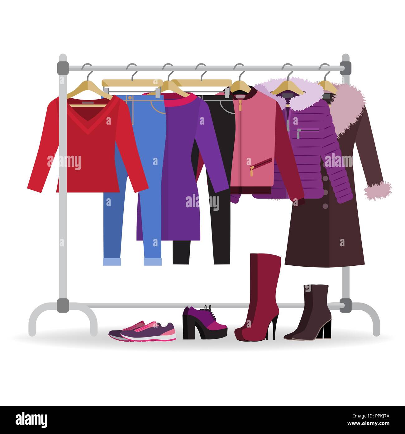 Cintre avec femme vêtements, chaussures Illustration de Vecteur