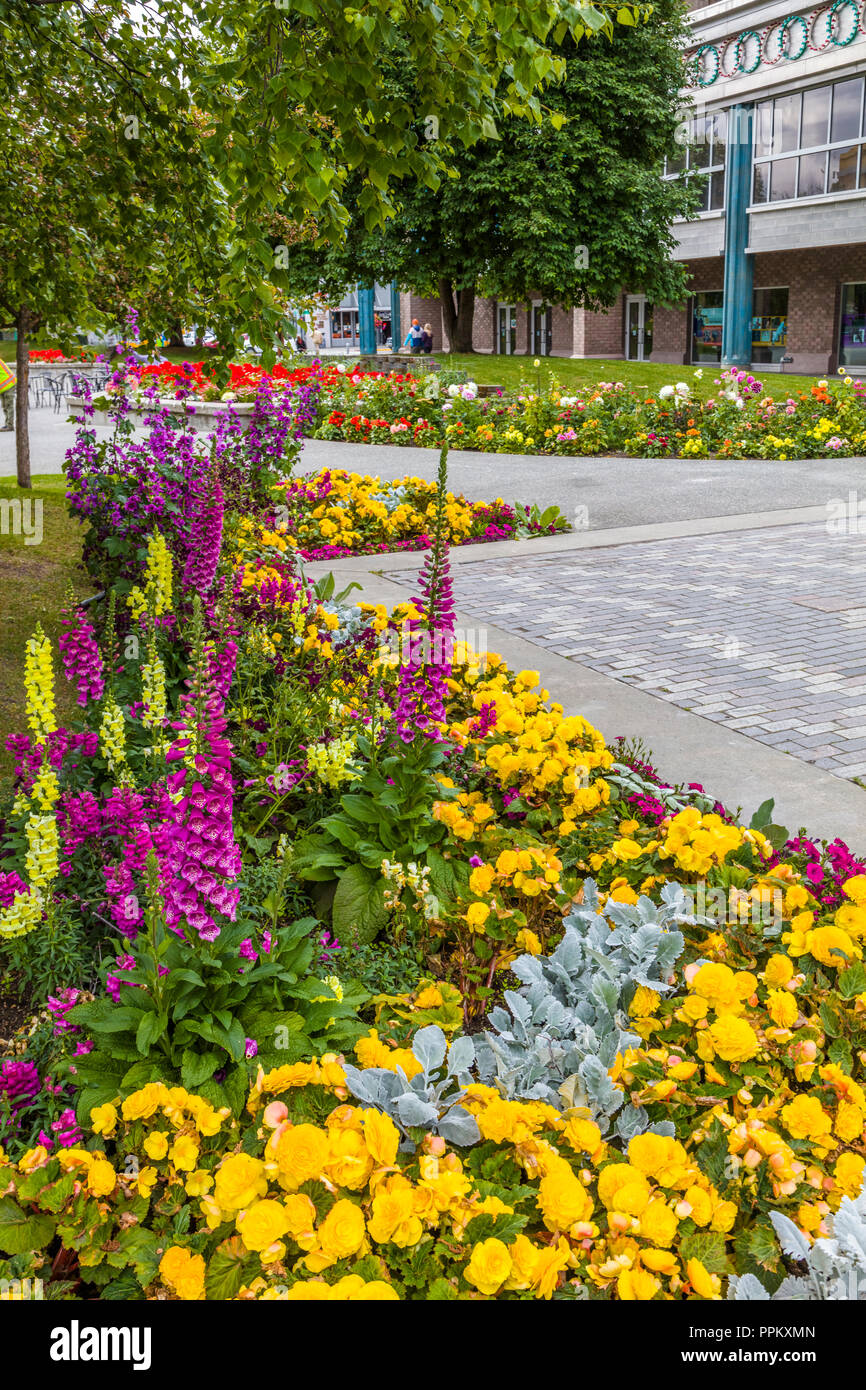 Les jardins de fleurs de la ville Square Park dans le centre-ville d'Anchorage en Alaska Banque D'Images