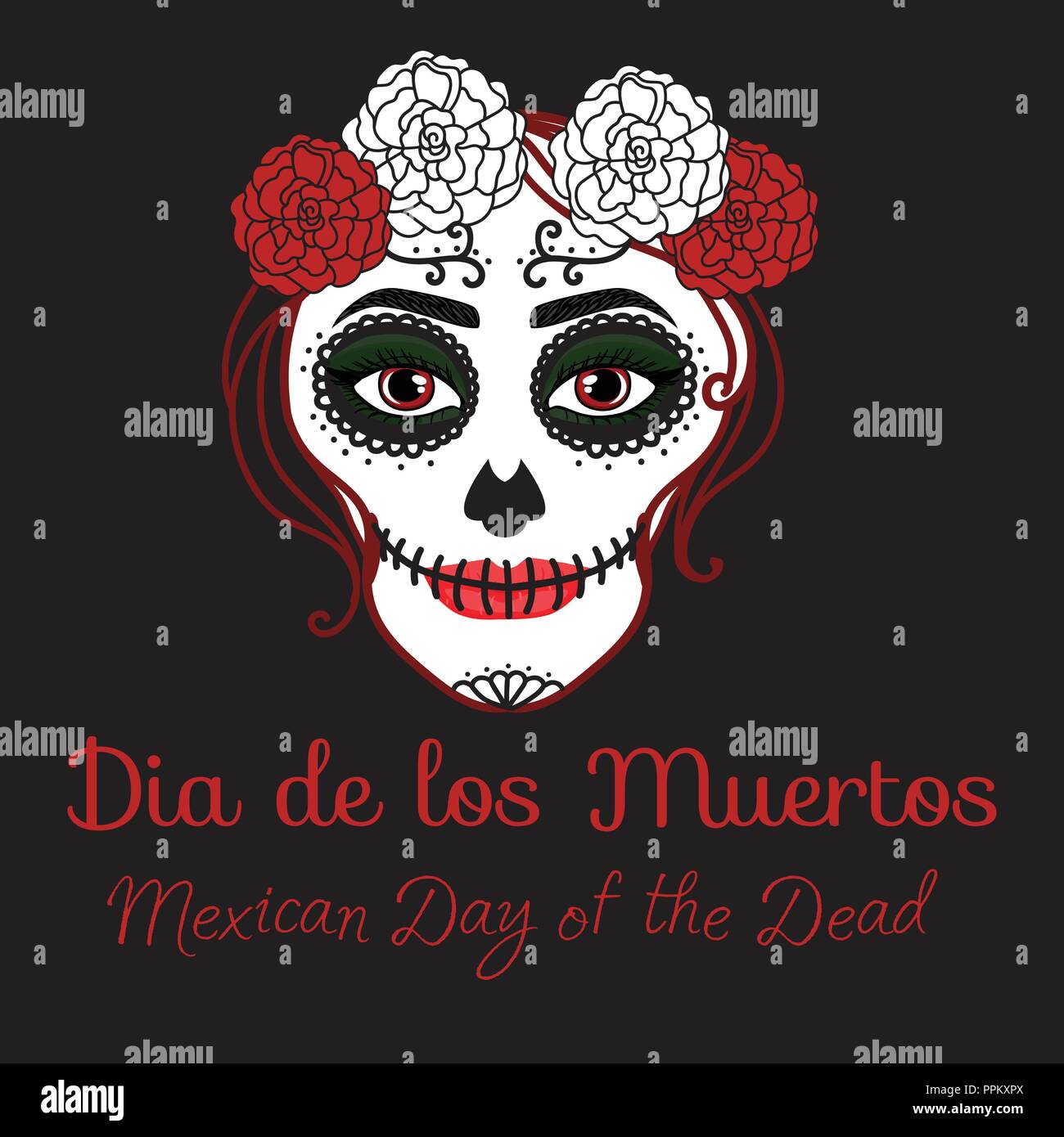 Catrina femme avec composition de crâne en sucre. Dia de los muertos. Le Jour des Morts au Mexique. Vector illustration dessin à la main Illustration de Vecteur