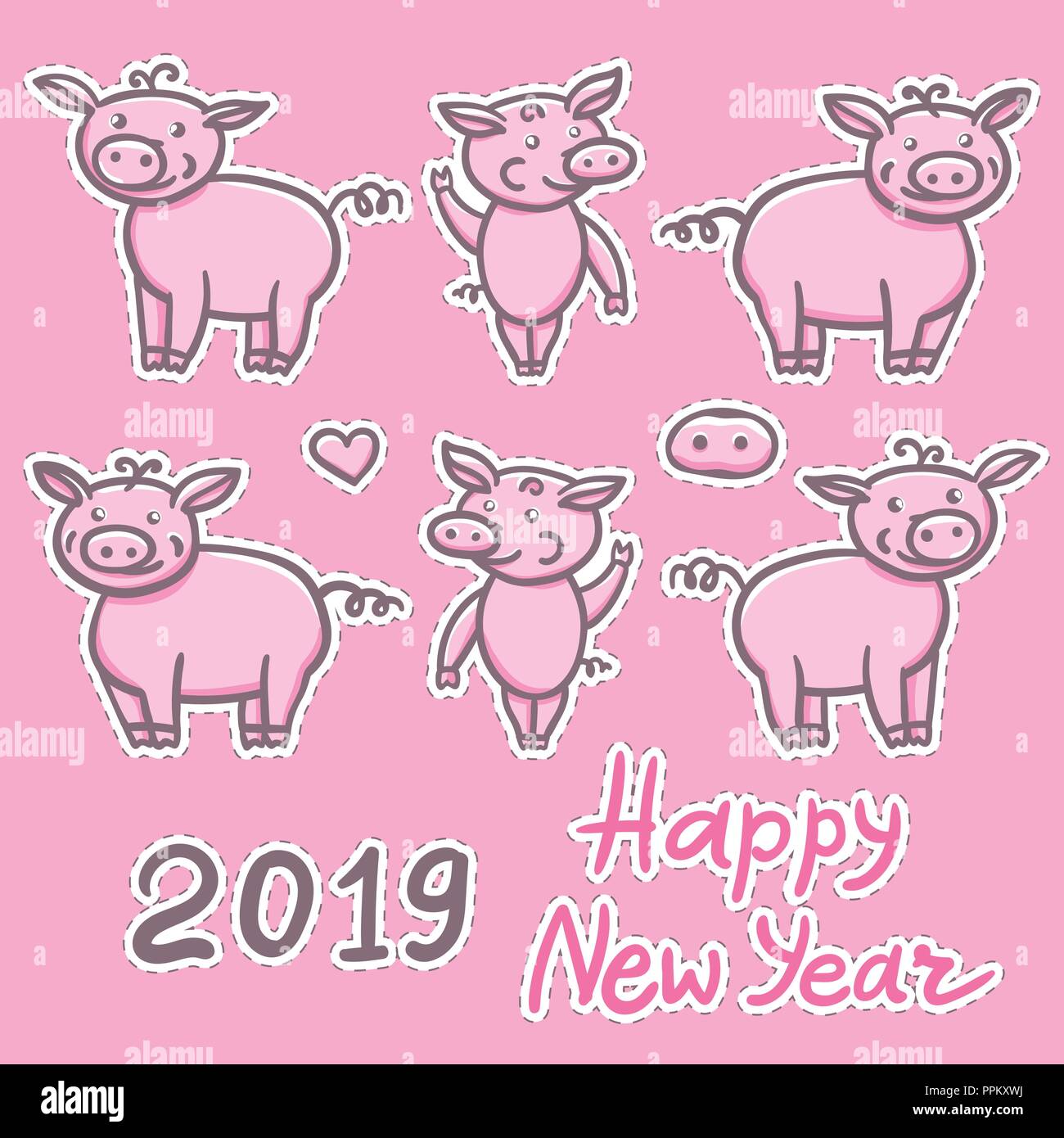 Jeu de cochons doodle mignon dessin au crayon. Autocollant Inscription Bonne Année. L'année 2019 signe chinois porcelet. Vector illustration isolé sur fond rose. Illustration de Vecteur