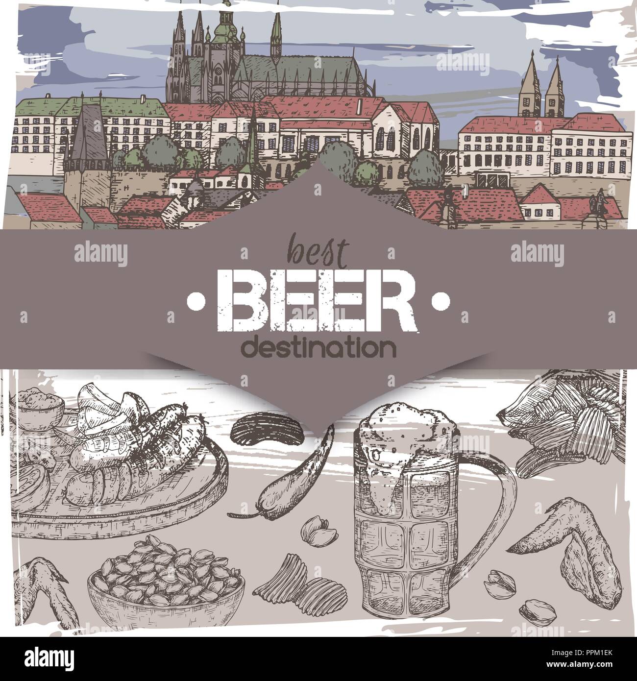 Modèle de destination voyage de bière avec la couleur vieux Prague croquis, beer mug, chips, noix, ailes de poulet, snack-plaque. Illustration de Vecteur