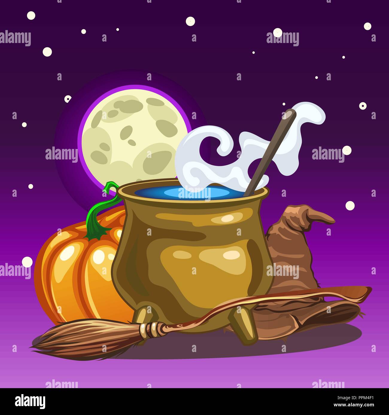 Poster dans le style de maison de tous les maux de l'Halloween. Attributs de la sorcellerie et de la sorcière à minuit au clair de lune. Marmite en cuivre avec de l'eau bouillante, un chapeau, un balai. Cartoon Vector illustration close-up. Illustration de Vecteur