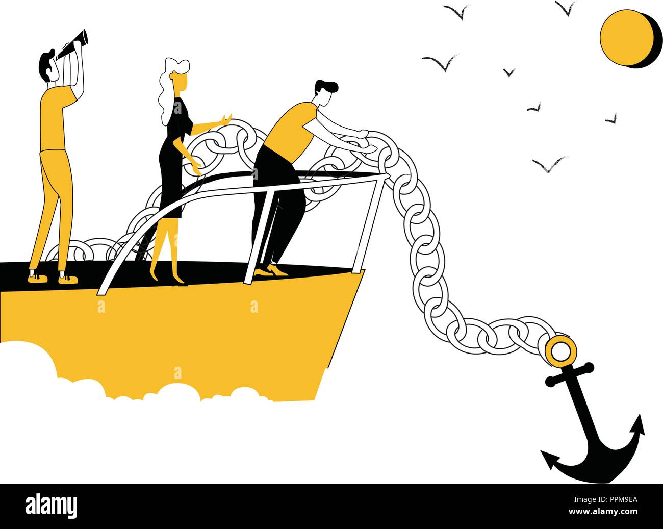 Les gens d'affaires sur un bateau avec l'Ancre Illustration de Vecteur