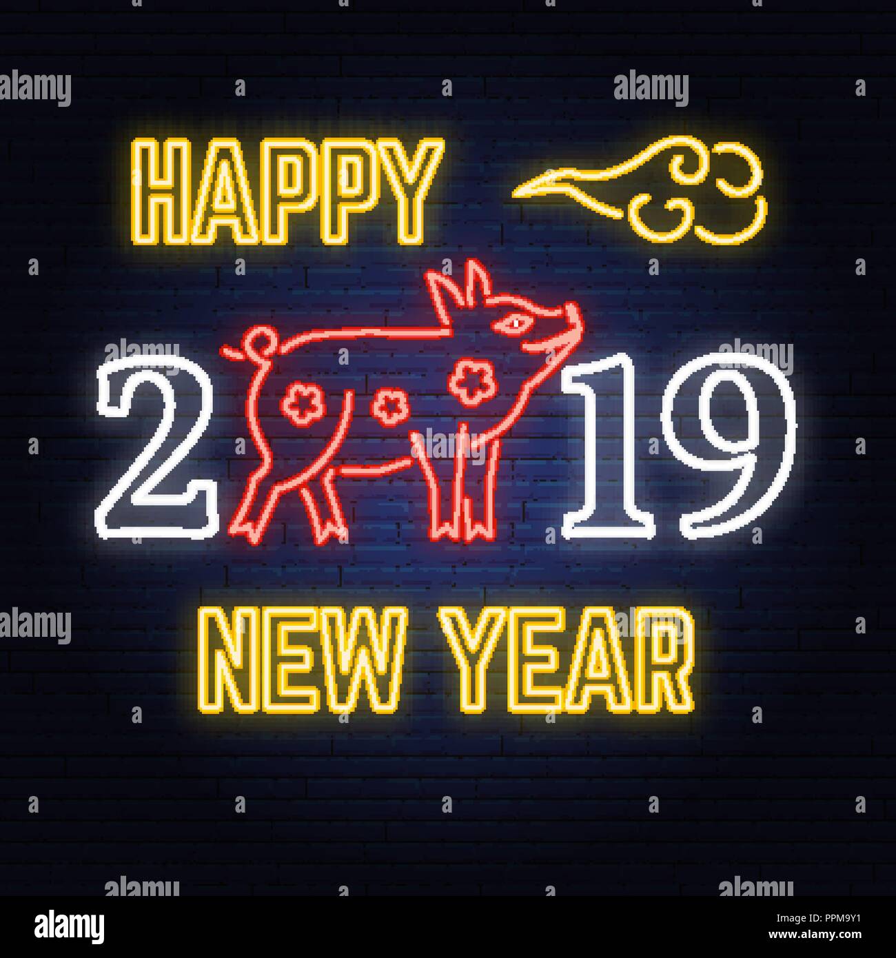 Joyeux Nouvel An chinois 2019 neon sign avec symbole zodiaque cochon. Vecteur. Pour carte de voeux, flyer, affiche, bannière ou un gabarit. En néon pour banner, billboard, la promotion ou la publicité. Illustration de Vecteur