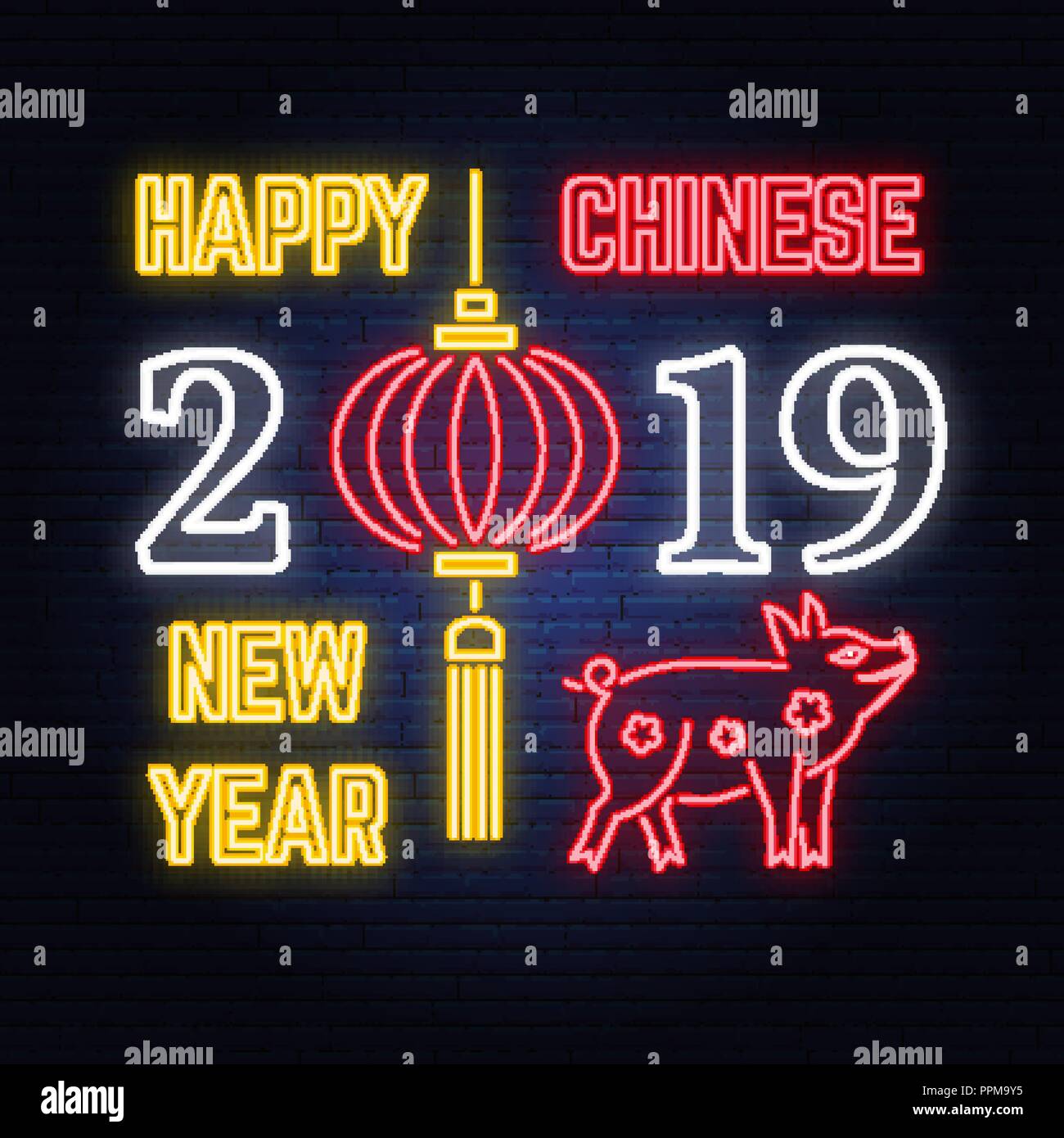 Joyeux Nouvel An chinois 2019 neon sign avec porcs et de lanternes chinoises. Vecteur. Pour carte de voeux, flyer, affiche, bannière ou un gabarit. En néon pour banner, billboard, la promotion ou la publicité. Illustration de Vecteur