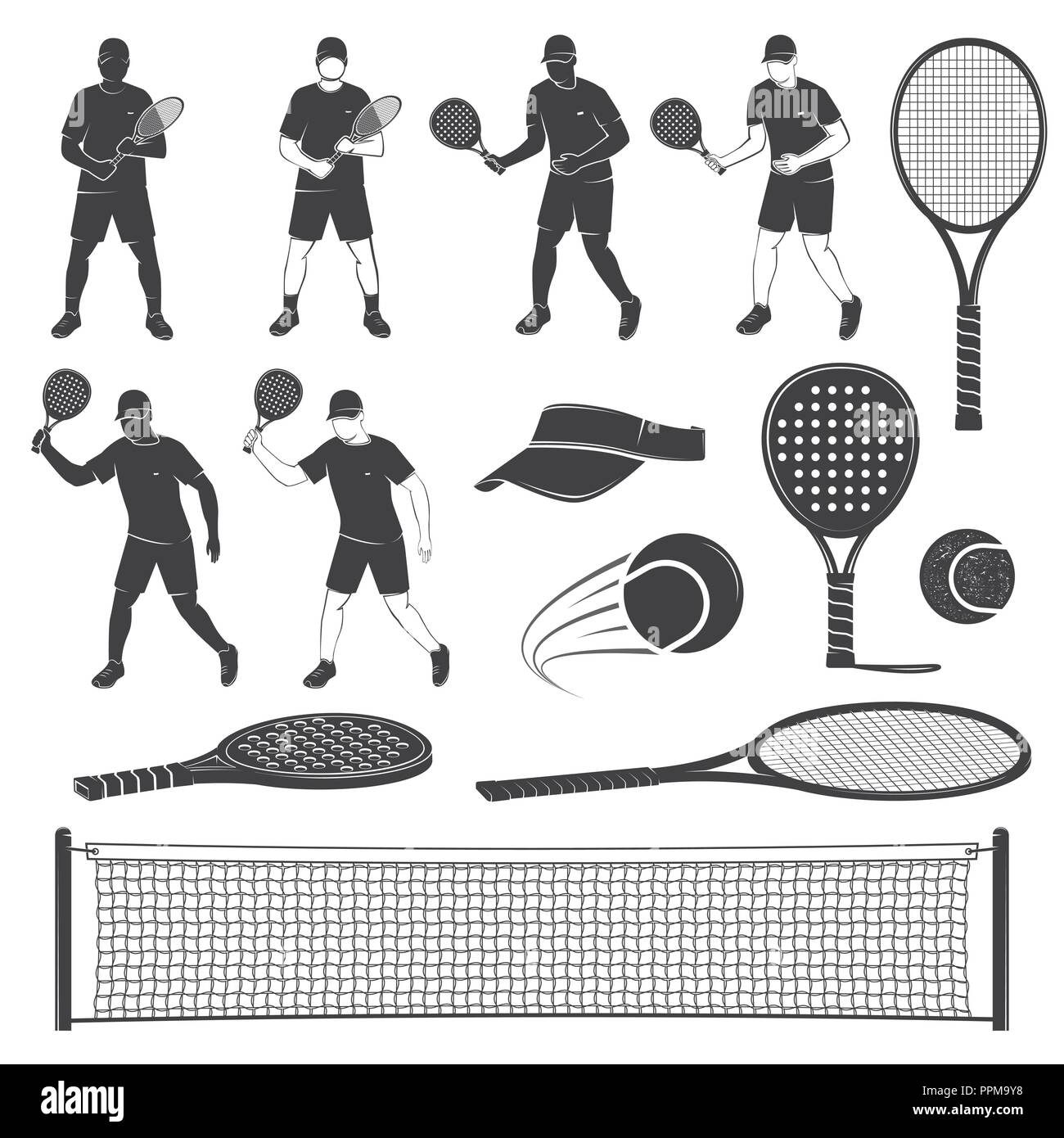 Ensemble d'équipement de tennis et de paddle-tennis silhouettes. Vector illustration. Collection : raquette de tennis, paddle tennis, boules, net player et silhouettes de pare-soleil. Illustration de Vecteur