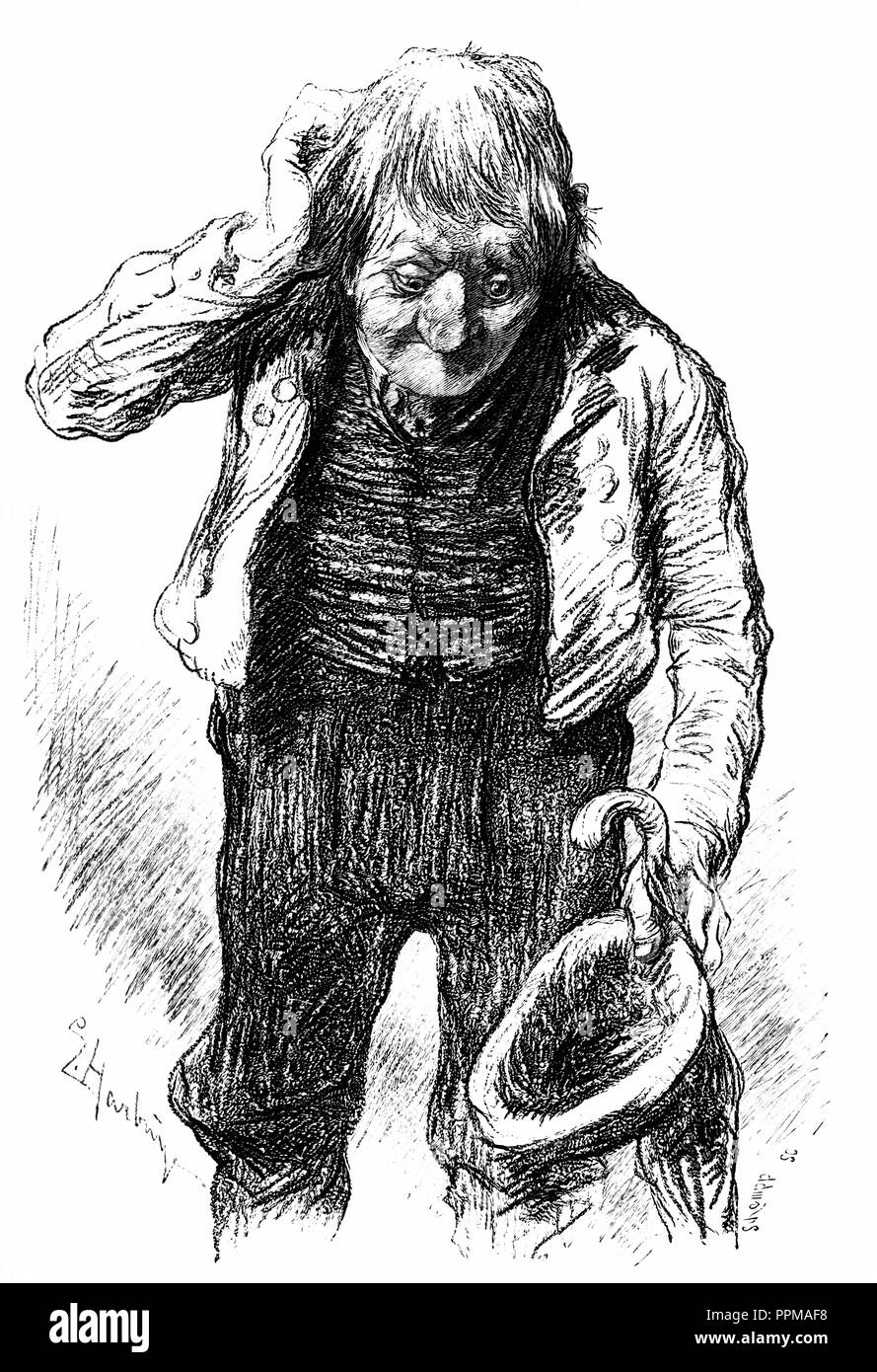 Mendiant avec chapeau. Télécopieur woodcut après un dessin à la craie. Les feuilles de 'voler', n° 2709, Z. Harburg u. Schempp (Holzschni Banque D'Images
