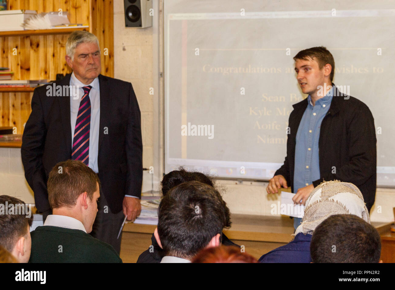 Cork, Irlande. Septembre 26, 2018. Énorme succès pour aspirer DPS2, lancement du programme St Aidans C. C. La ville de Cork. En photo ici, c'est Sean Boyle parle de comment le programme l'a aidé à progresser sur l'UCC. Ce soir St Aidans lancé cette années programme de soutien aux étudiants aspirent2, l'événement a vu un grand groupe de parents et d'élèves, l'école est l'un des six dans le pays d'être impliqués dans le programme. Credit : Damian Coleman/Alamy Live News. Banque D'Images