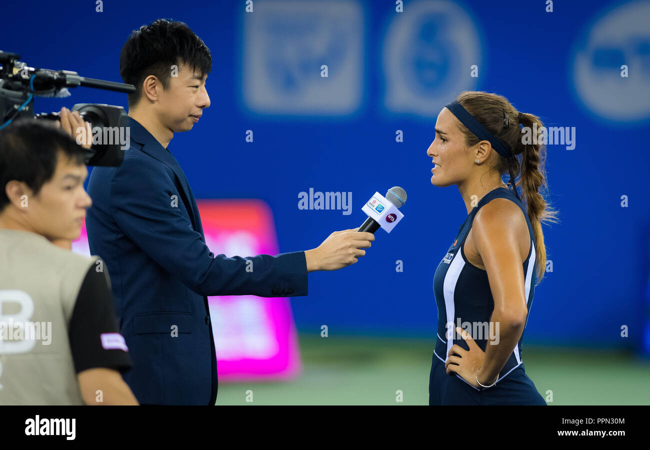 Wuhan, Chine. 26 septembre 2018 - Monica Puig de Puerto Rico célèbre remportant son troisième match à la ronde de 2018 Dongfeng Motor Wuhan ouvrir le tournoi de tennis WTA Premier 5 Crédit : AFP7/ZUMA/Alamy Fil Live News Banque D'Images